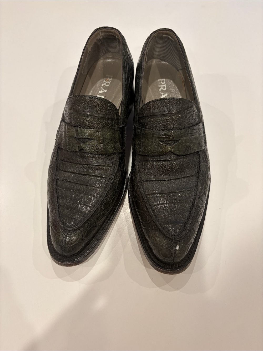 Prada Dark Green Alligator Leather Penny Loafers